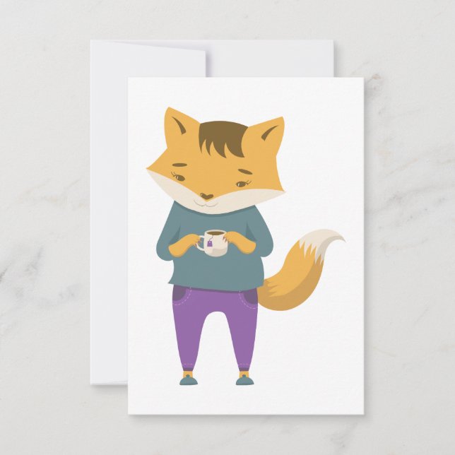 Niedlicher Fuchs mit Tasse Tee Dankeskarte (Vorderseite)