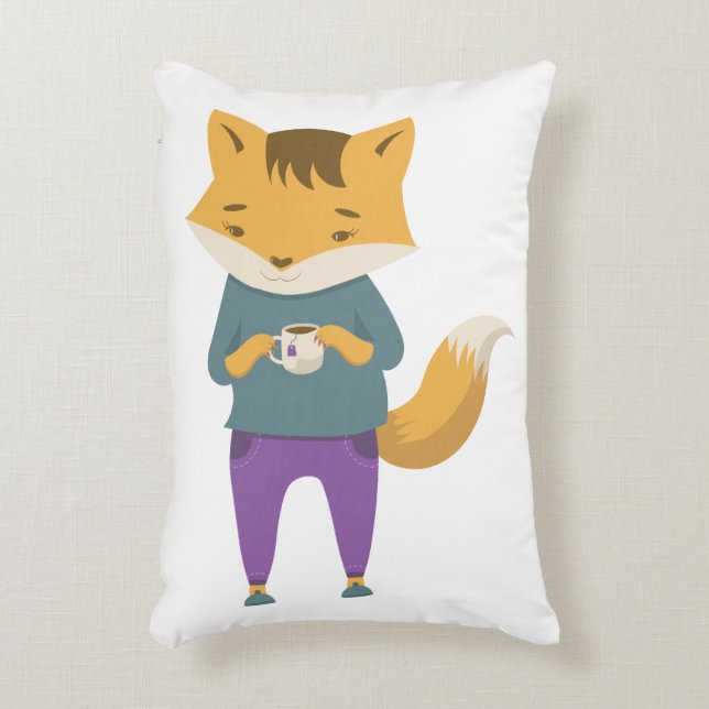 Niedlicher Fuchs mit Tasse Tee Dekokissen (Vorderseite(Vertikal))