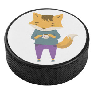 Niedlicher Fuchs mit Tasse Tee Eishockey Puck