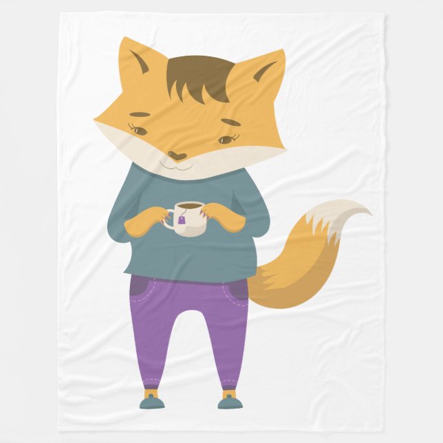 Niedlicher Fuchs mit Tasse Tee Fleecedecke (Vorderseite)