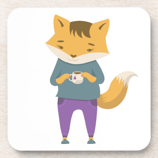 Niedlicher Fuchs mit Tasse Tee Getränkeuntersetzer (Vorderseite)