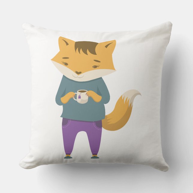 Niedlicher Fuchs mit Tasse Tee Kissen (Vorderseite)
