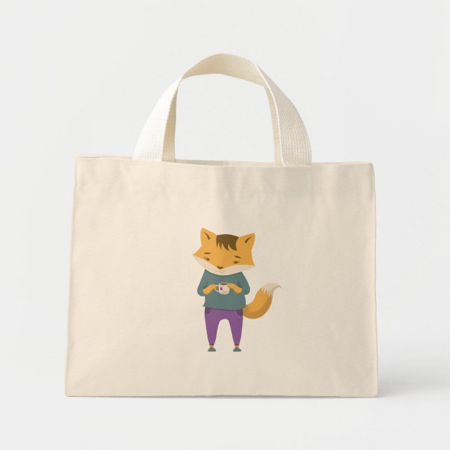 Niedlicher Fuchs mit Tasse Tee Mini Stoffbeutel (Vorne)