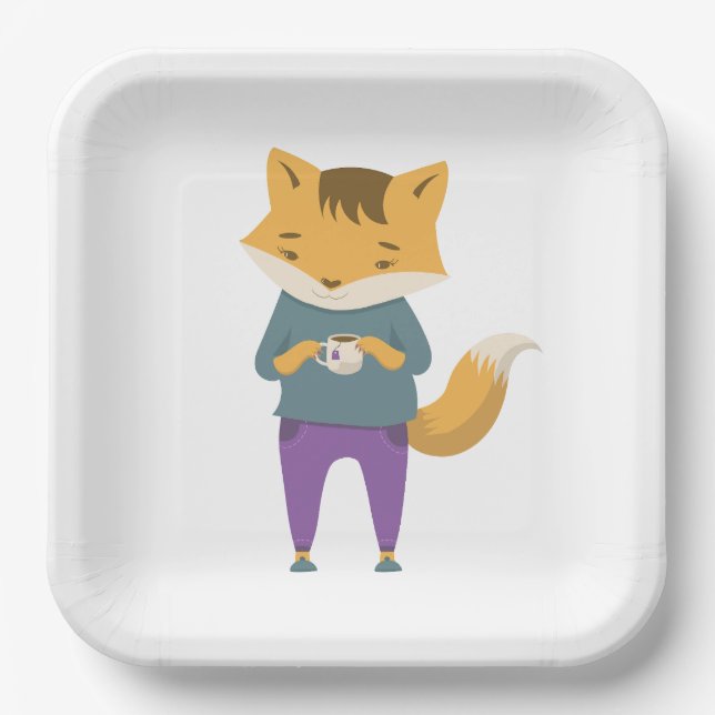 Niedlicher Fuchs mit Tasse Tee Pappteller (Vorderseite)