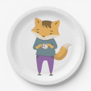 Niedlicher Fuchs mit Tasse Tee Pappteller