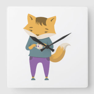 Niedlicher Fuchs mit Tasse Tee Quadratische Wanduhr