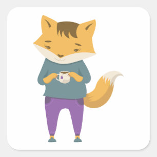 Niedlicher Fuchs mit Tasse Tee Quadratischer Aufkleber