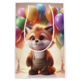 Niedlicher Fuchs umgeben von bunten Ballons. Mittlere Geschenktüte