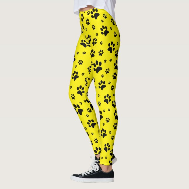 Niedlicher Fun Black auf hellgelben Paw Prints Leggings (Links)
