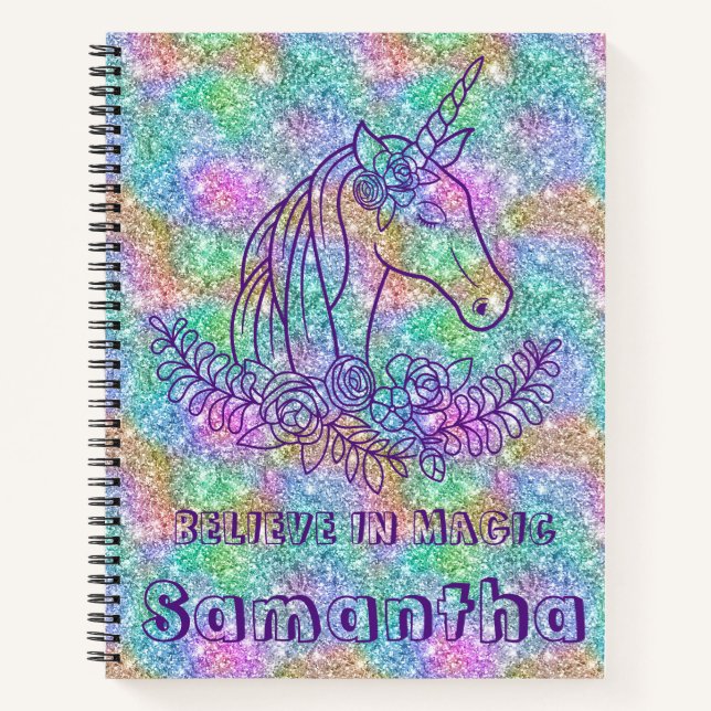 Niedlicher Funkelender Unicorn glaubt an magisches Notizbuch (Vorderseite)