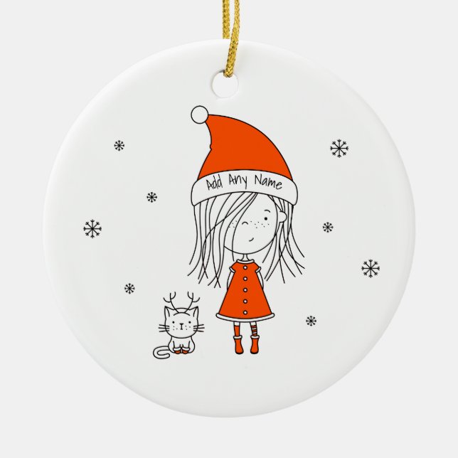 Niedlicher Funny Santa Girl Katze Cartoon Name Keramik Ornament (Vorne)