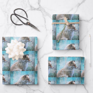 Niedlicher Furry Fox auf blauem Grunge Hintergrund Geschenkpapier Set
