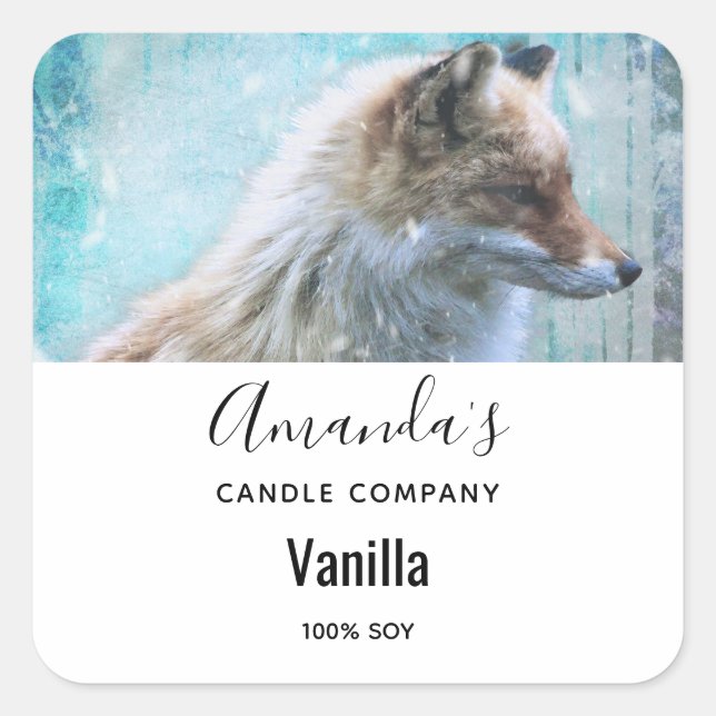 Niedlicher Furry Fox auf Blue Background Candle Bu Quadratischer Aufkleber (Vorderseite)