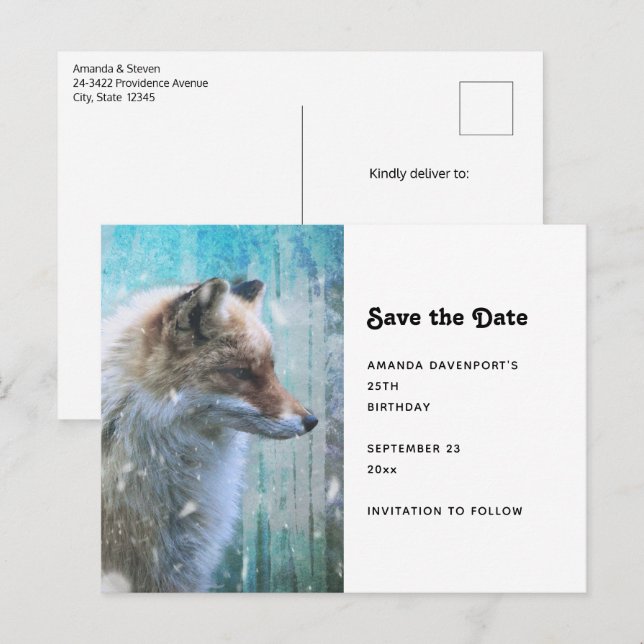 Niedlicher Furry Fox auf Blue Grunge Hintergrund Ankündigungspostkarte (Vorne/Hinten)