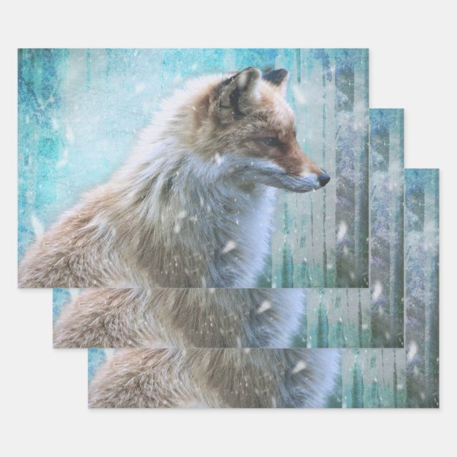 Niedlicher Furry Fox auf Blue Grunge Hintergrund Geschenkpapier Set (Set)