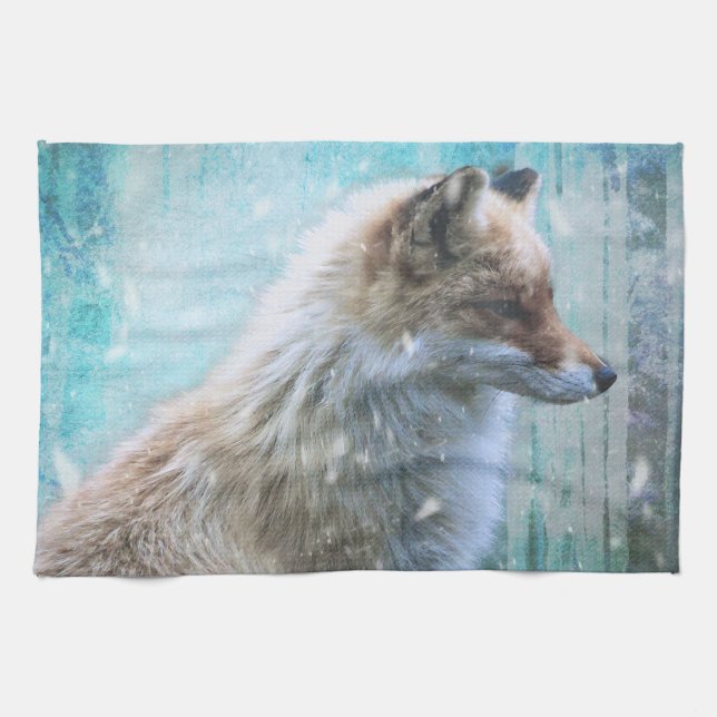 Niedlicher Furry Fox auf Blue Grunge Hintergrund Geschirrtuch (Horizontal)