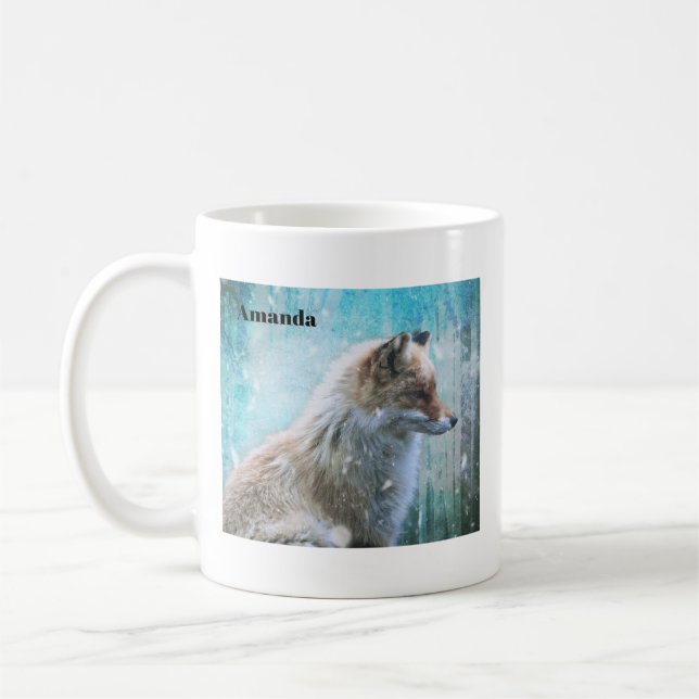Niedlicher Furry Fox auf Blue Grunge Hintergrund Kaffeetasse (Links)