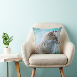 Niedlicher Furry Fox auf Blue Grunge Hintergrund Kissen