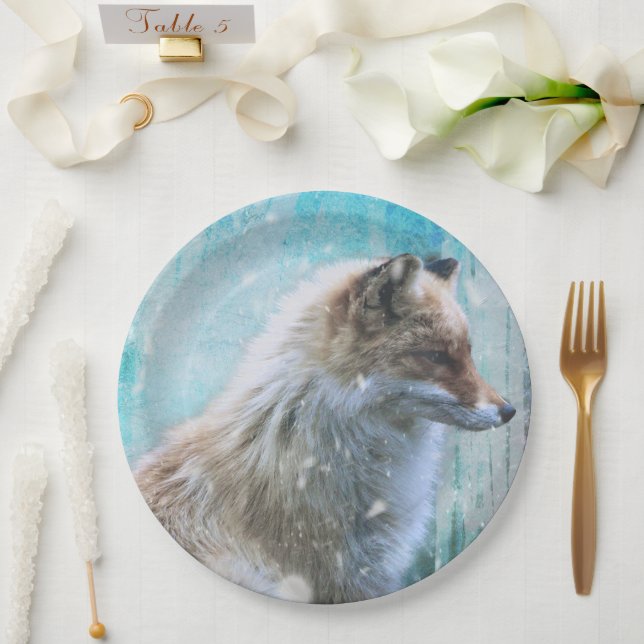 Niedlicher Furry Fox auf Blue Grunge Hintergrund Pappteller (Hochzeit)