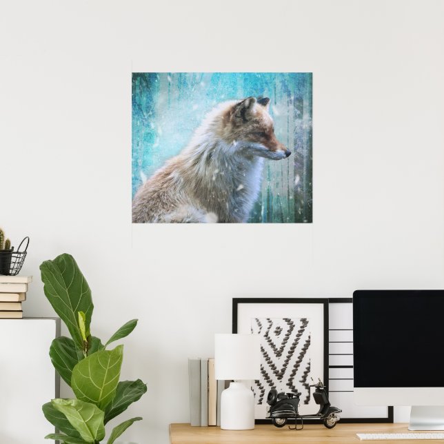 Niedlicher Furry Fox auf Blue Grunge Hintergrund Poster (Heimbüro)