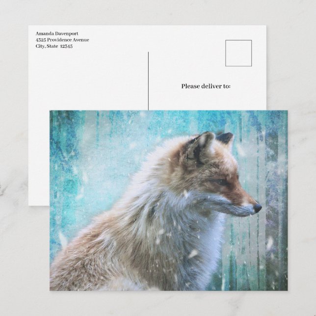Niedlicher Furry Fox auf Blue Grunge Hintergrund Postkarte (Vorne/Hinten)