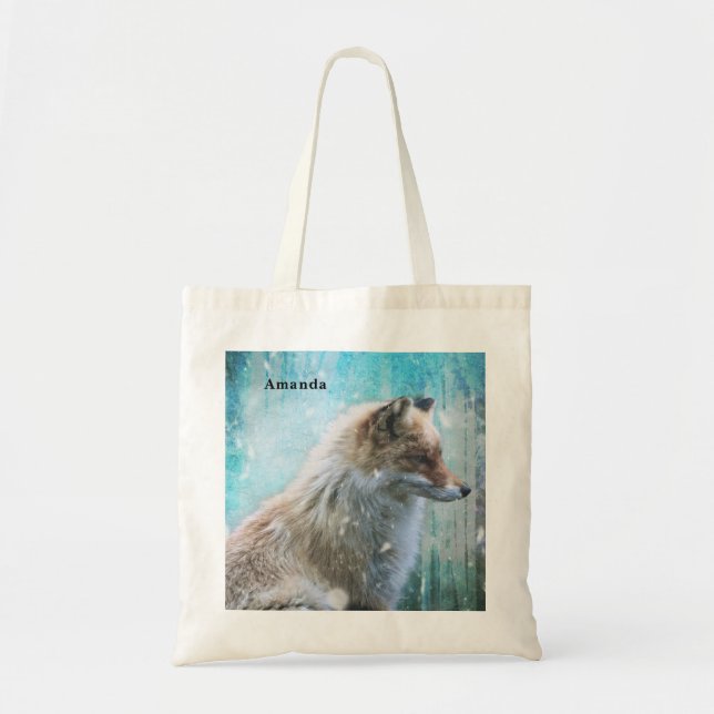 Niedlicher Furry Fox auf Blue Grunge Hintergrund Tragetasche (Vorne)