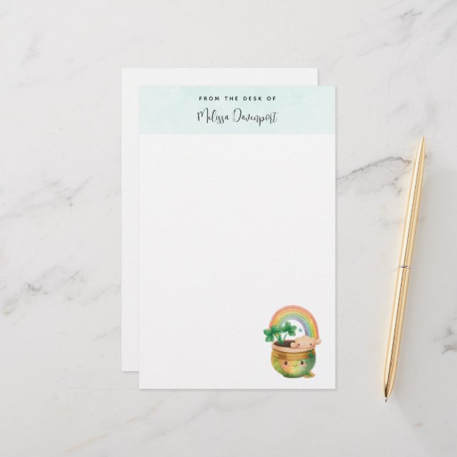 Niedlicher Gartenplanter mit Regenbogen & Klee Briefpapier (Vorderseite/Rückseite Beispiel)