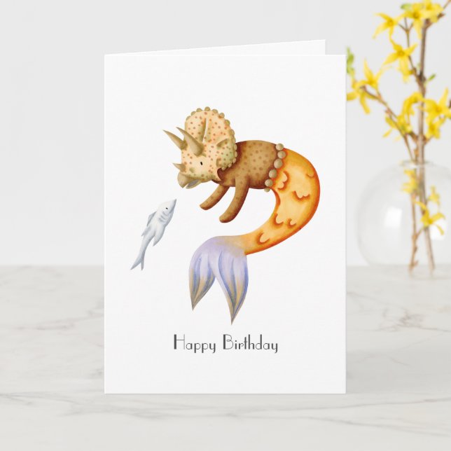 Niedlicher Geburtstag mit Triceratops Meerjungfrau Karte (Gelbe Blume)