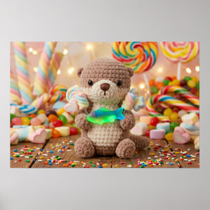 Niedlicher gehäkelter Otter und Gummibär Poster