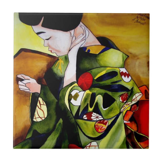 Niedlicher Geisha mit grüner Kimonovorlagenkunst Fliese (Vorderseite)