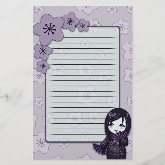 Niedlicher Geisha schwarz und lila Kirschblüten Briefpapier (Vorderseite)
