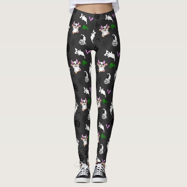 Niedlicher Geist Französisch Bulldog Kürbis Hallow Leggings (Vorderseite)
