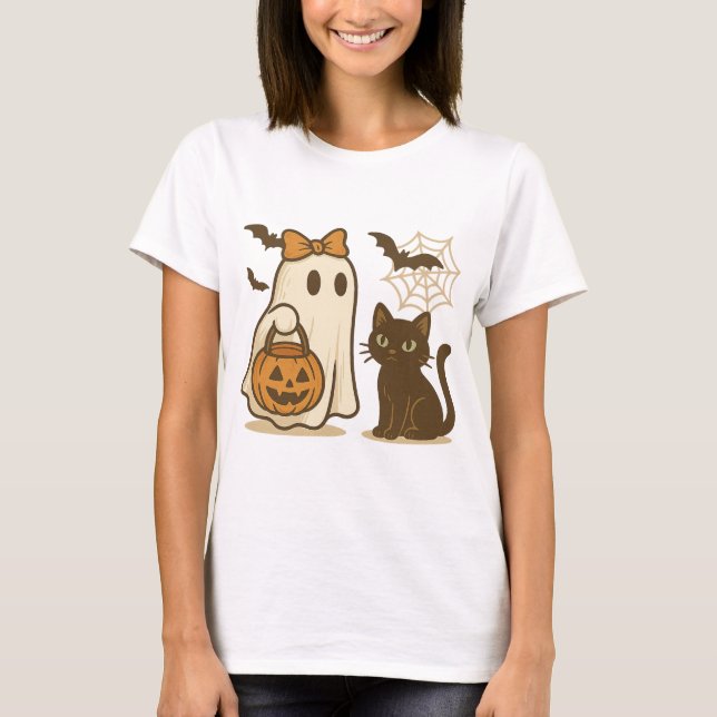 Niedlicher Geist mit Bow und Black Cat - Spooky Ka T-Shirt (Vorderseite)