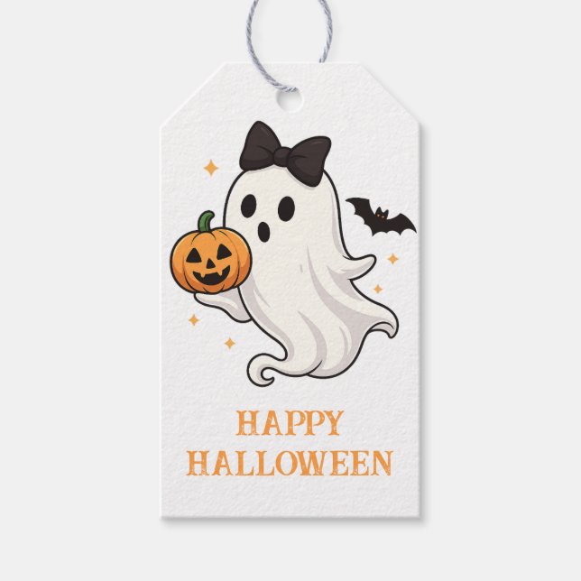 Niedlicher Geist mit Bow und Pumpkin | Halloween Geschenkanhänger (Vorderseite)