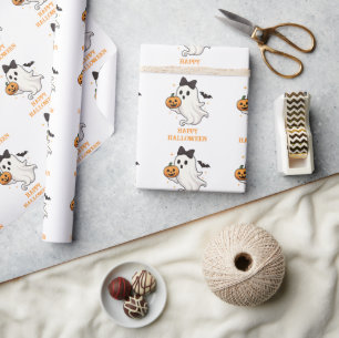 Niedlicher Geist mit Bow und Pumpkin   Halloween Geschenkpapier