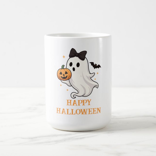 Niedlicher Geist mit Bow und Pumpkin | Halloween Kaffeetasse (Mittel)