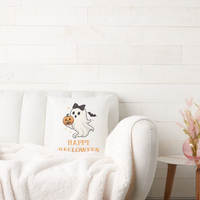 Niedlicher Geist mit Bow und Pumpkin | Halloween Kissen (Liege)