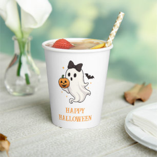 Niedlicher Geist mit Bow und Pumpkin Halloween Pappbecher