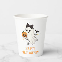 Niedlicher Geist mit Bow und Pumpkin | Halloween Pappbecher