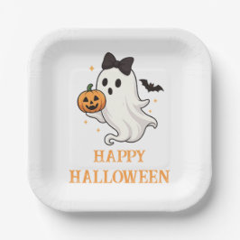 Niedlicher Geist mit Bow und Pumpkin | Halloween Pappteller
