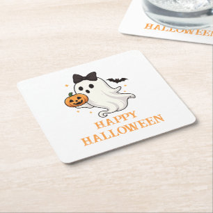 Niedlicher Geist mit Bow und Pumpkin Halloween Rechteckiger Pappuntersetzer