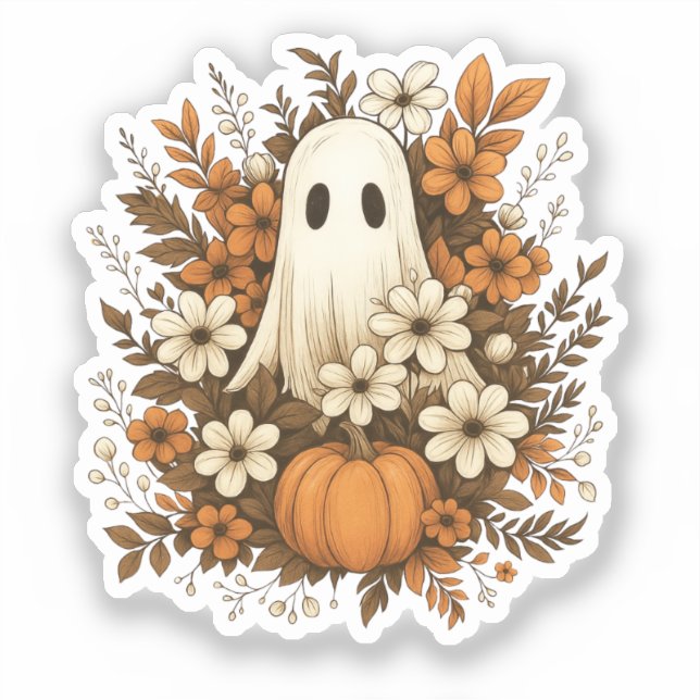 Niedlicher Geist mit Pumpkin & Fall Blume - Hallow Aufkleber (Vorderseite)
