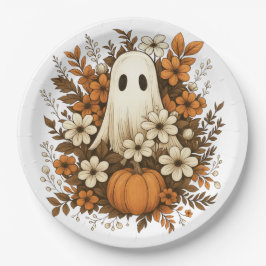 Niedlicher Geist mit Pumpkin & Fall Blume - Hallow Pappteller