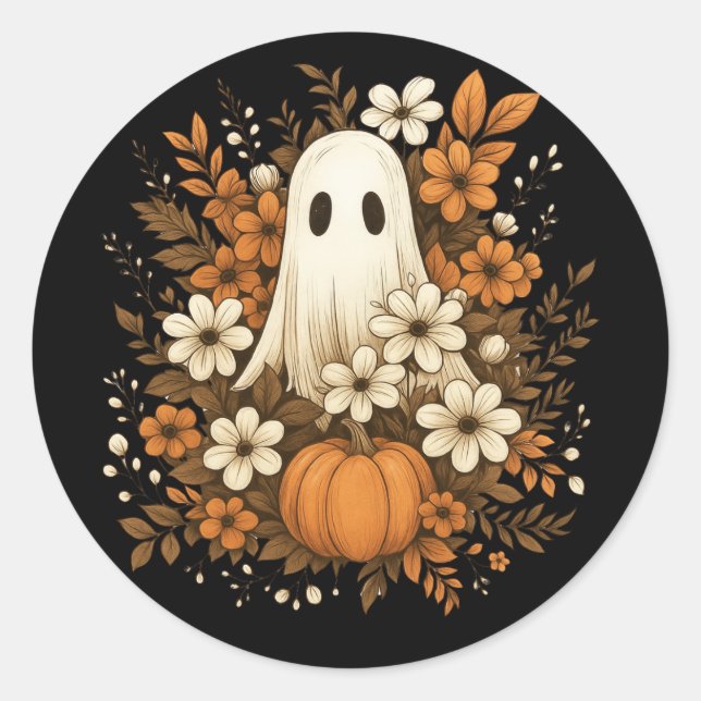 Niedlicher Geist mit Pumpkin & Fall Blume - Hallow Runder Aufkleber (Vorderseite)