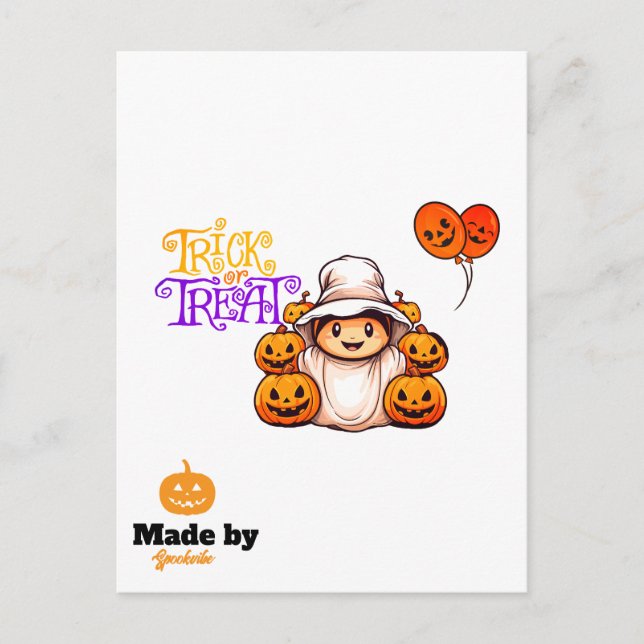 Niedlicher Geist mit Pumpkins Trick oder Treat Hal Postkarte (Vorderseite)