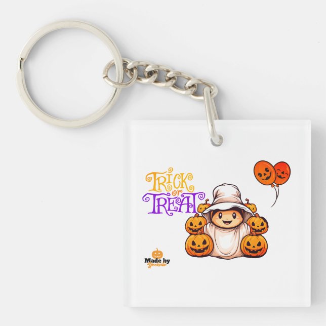 Niedlicher Geist mit Pumpkins Trick oder Treat Hal Schlüsselanhänger (Vorderseite)