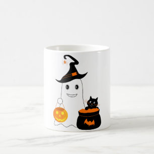 Niedlicher Geist mit schwarzer Katze feiert Halbze Kaffeetasse