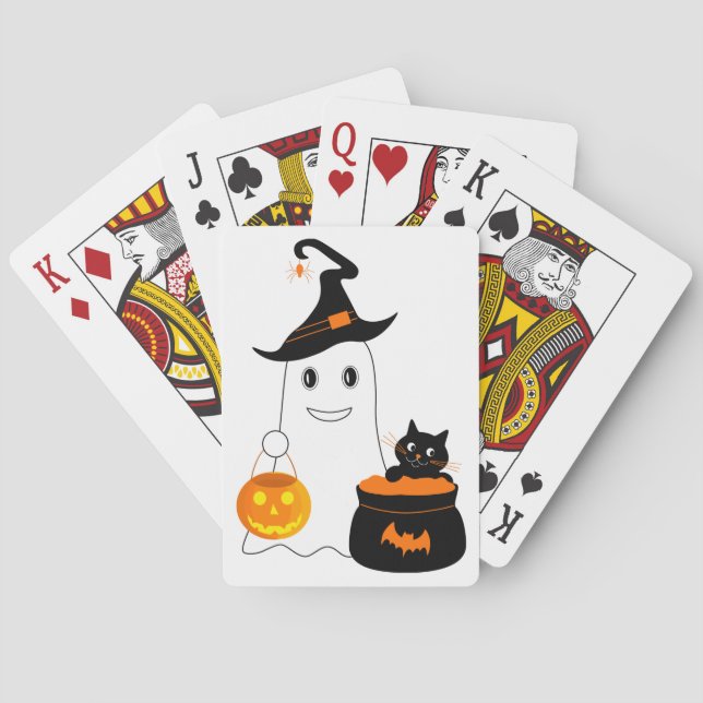 Niedlicher Geist mit schwarzer Katze feiert Halbze Spielkarten (Rückseite)