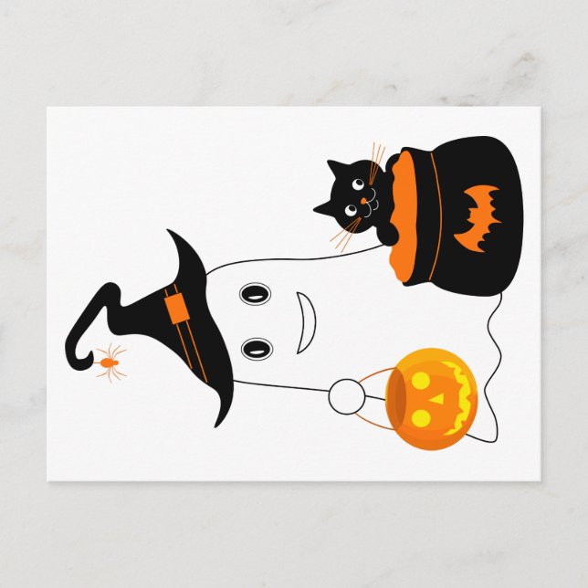 Niedlicher Geist mit schwarzer Katze feiert hallow Postkarte (Vorderseite)