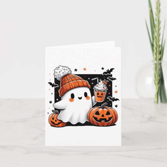 Niedlicher Geist trinken Kaffee Halloween Kostümco Karte (Vorderseite)